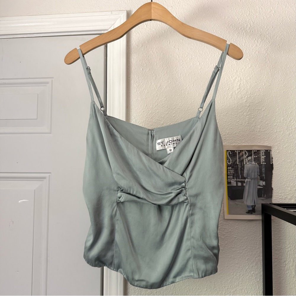 St. John dusty blue silk blend draped cami cropped tank top